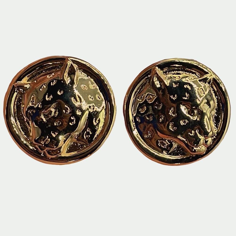 Vintage cougar head gold colored metal disk pierced earrings